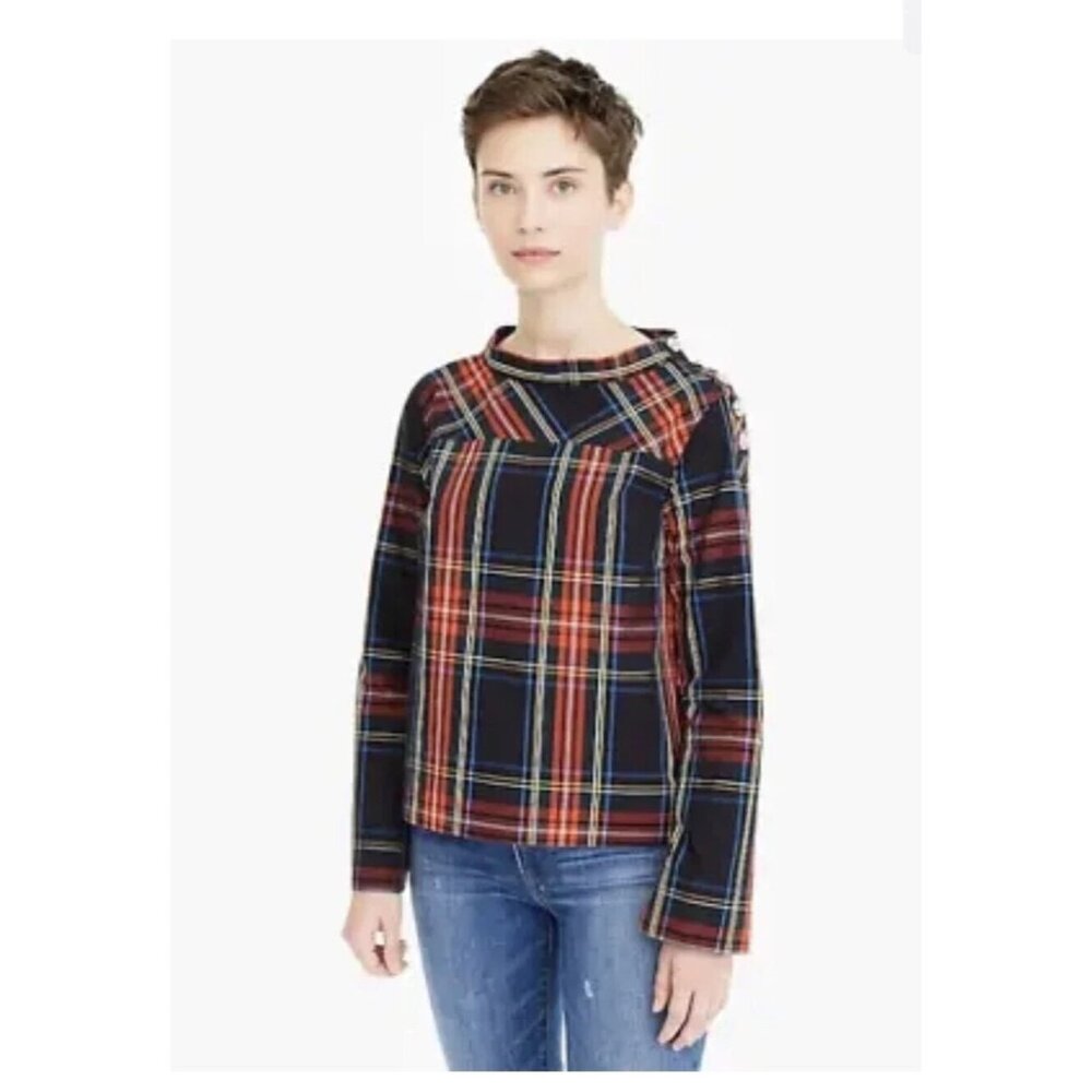 J.CREW Womens Top Blouse Christmas Stewart Plaid Jewels Holiday size 0‎
